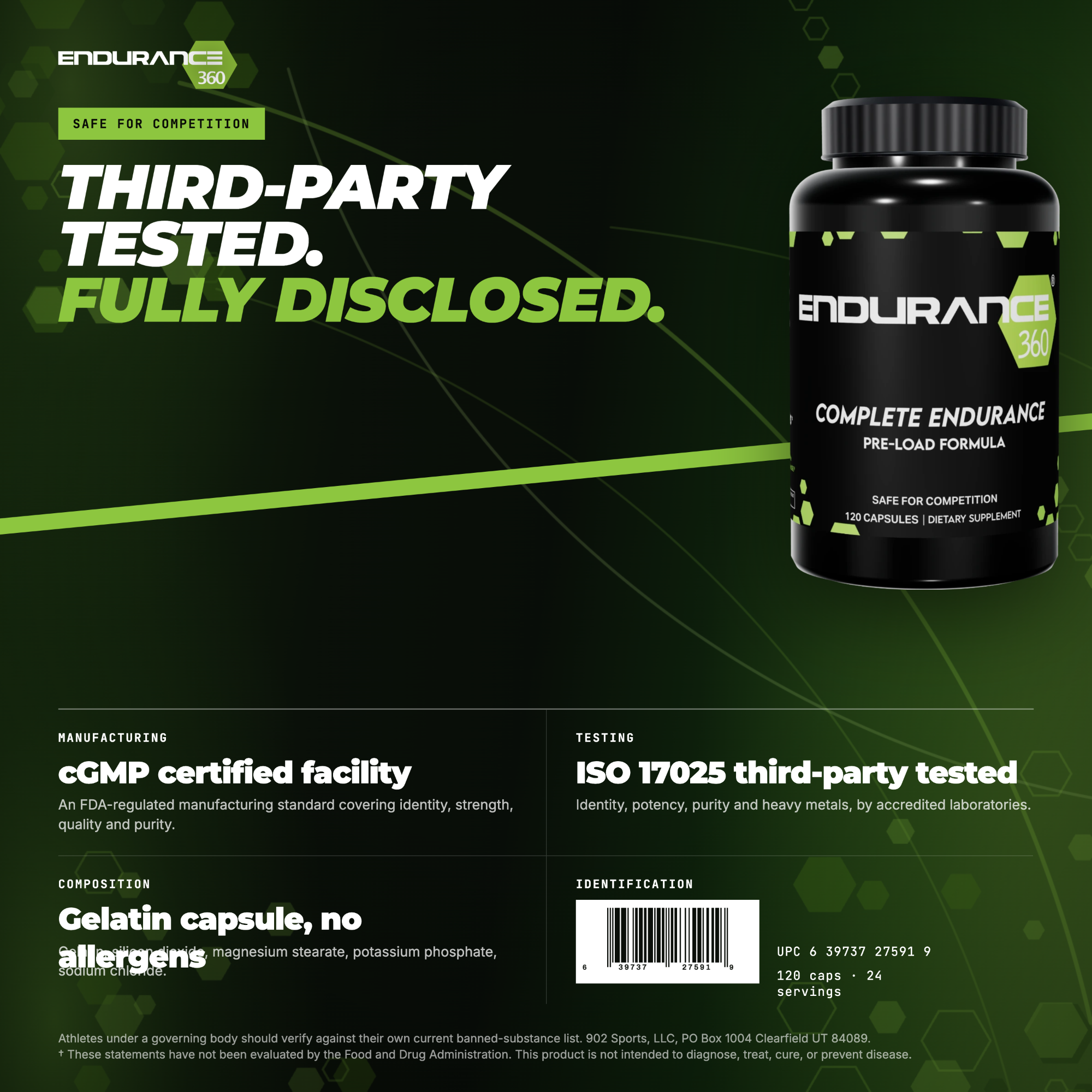 Endurance360 manufacturing and testing: cGMP certified facility, ISO 17025 third-party tested