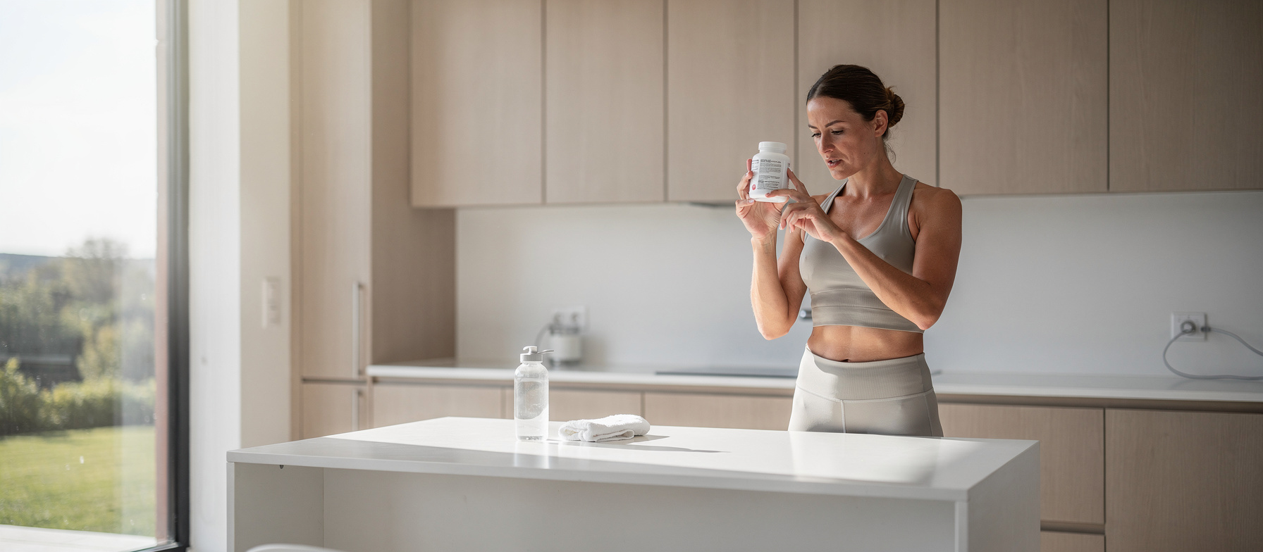 Athlete examining a beet powder supplement label, checking ingredients and dosage before a training session