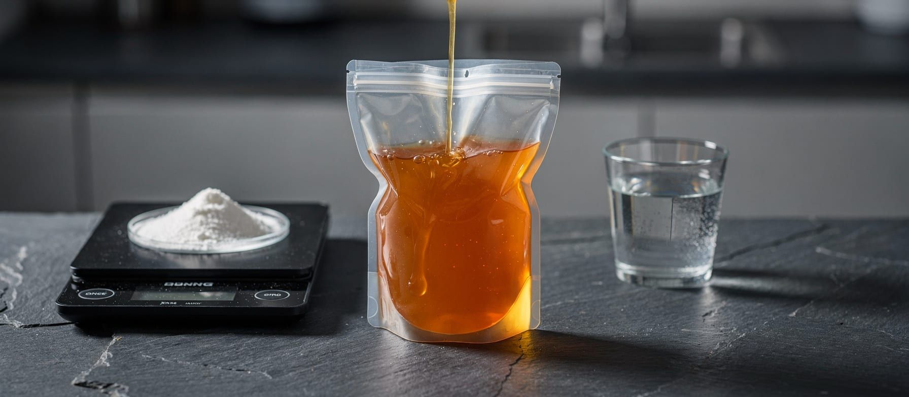 Homemade hydrogel energy gel being poured into a reusable pouch beside maltodextrin on a kitchen scale