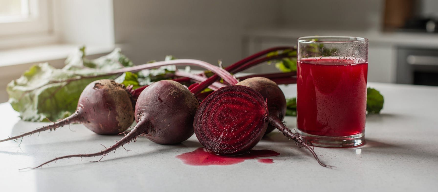 Fresh red beets on a kitchen counter beside a glass of beetroot juice